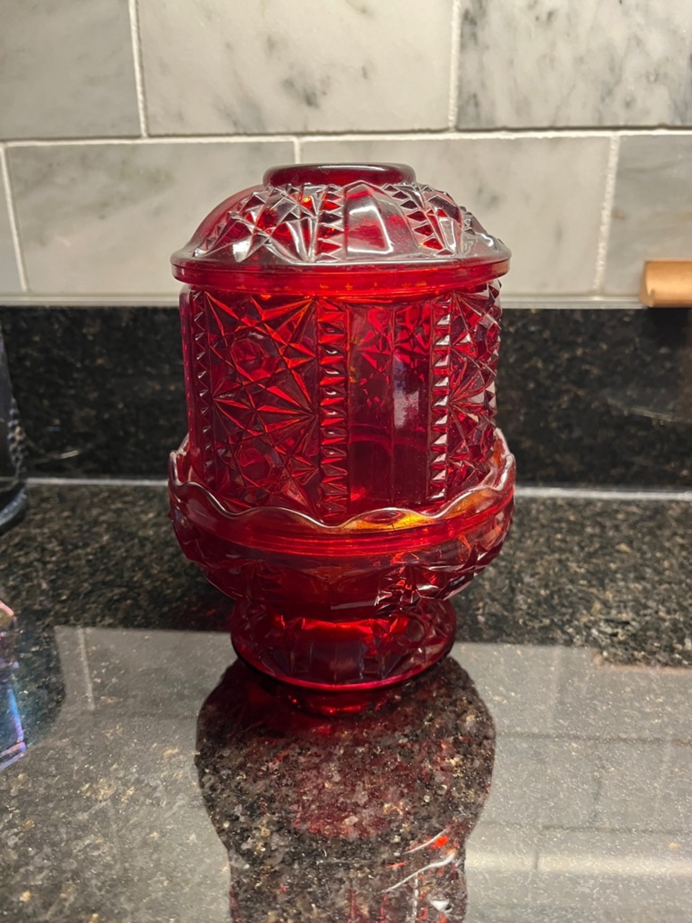 Vintage Indiana Glass Ruby Red Stars & Bars Fairy Lamp.